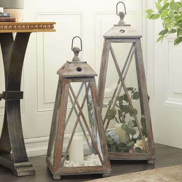 Picture of S/2 BROWN SQUARE WOOD LANTERNS